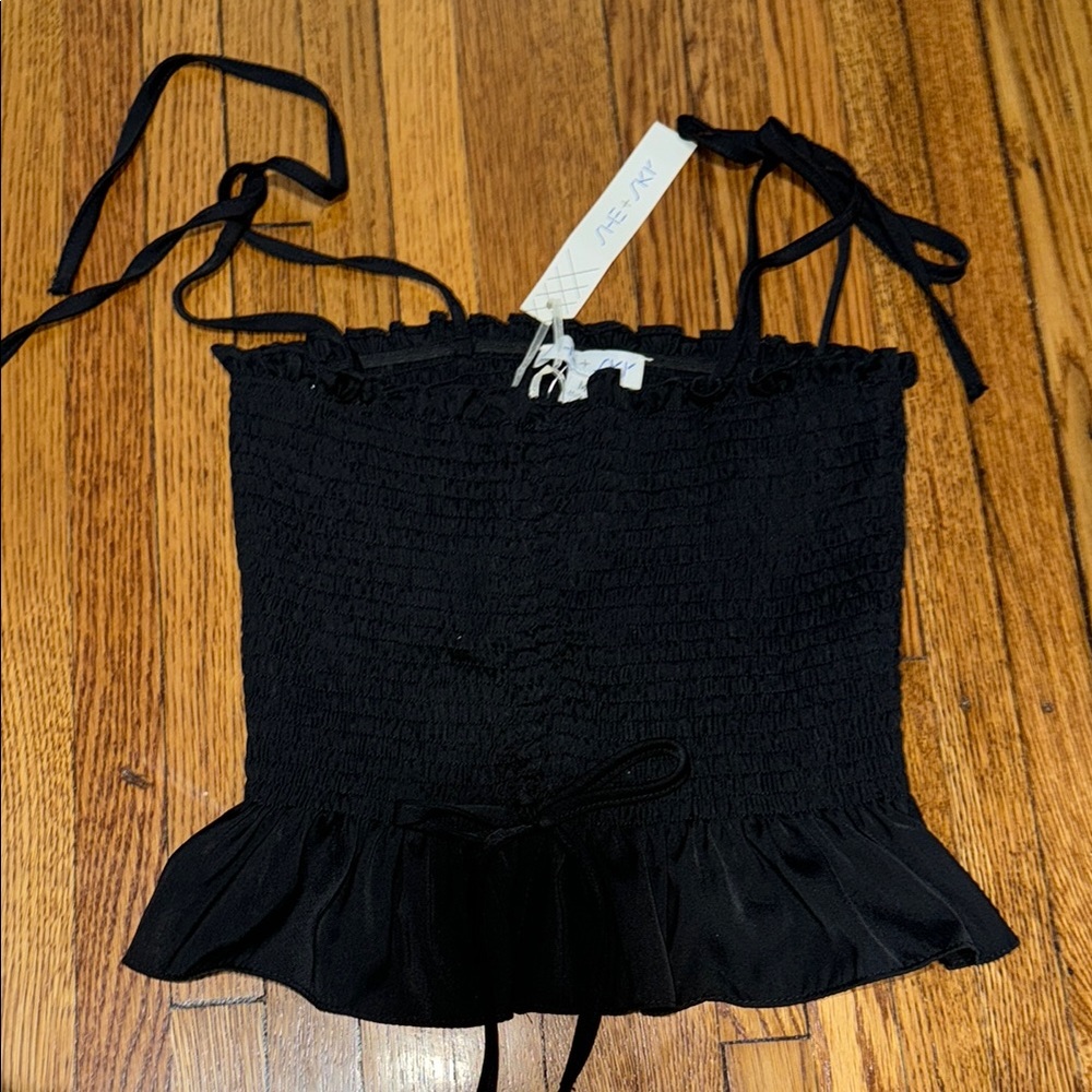 She + sky Black Smocked ruched Ruffle tank Top medium